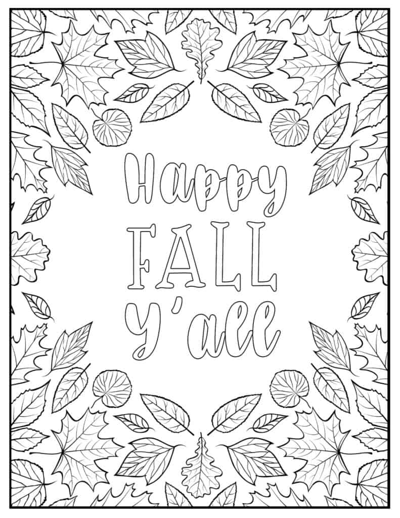 happy fall y'all coloring page with autumn leaves border