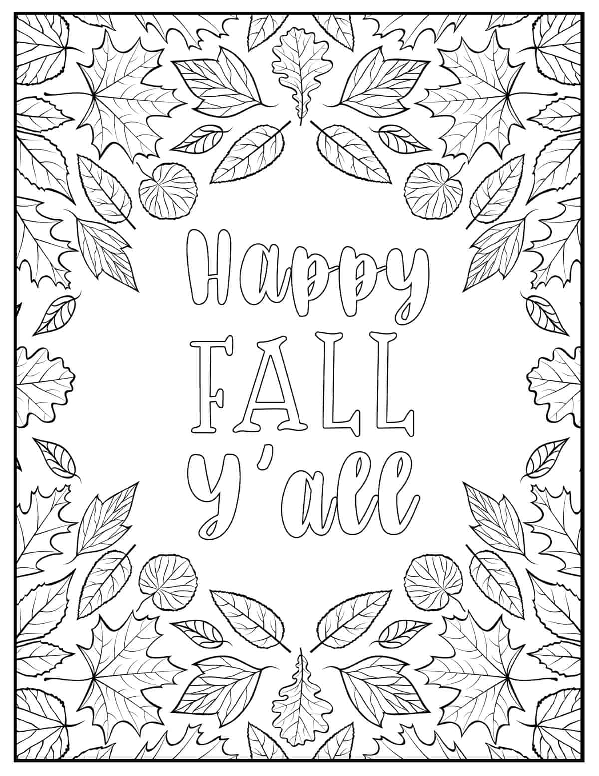 happy fall y'all coloring page with autumn leaves border