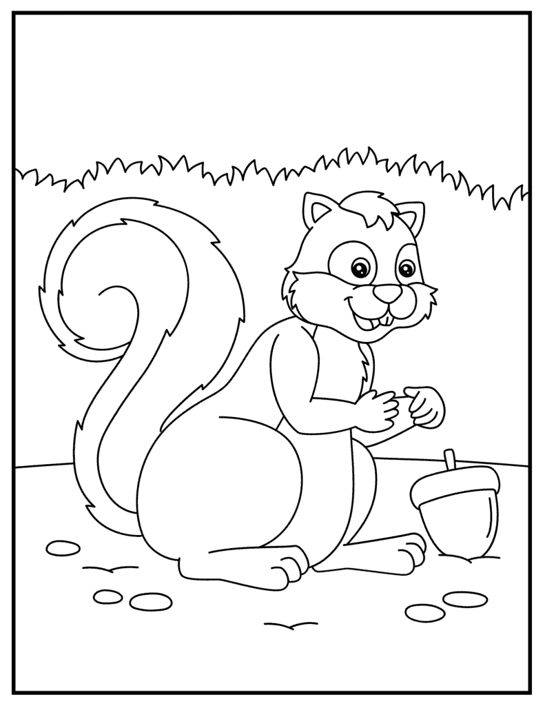 cartoon squirrel and acorn