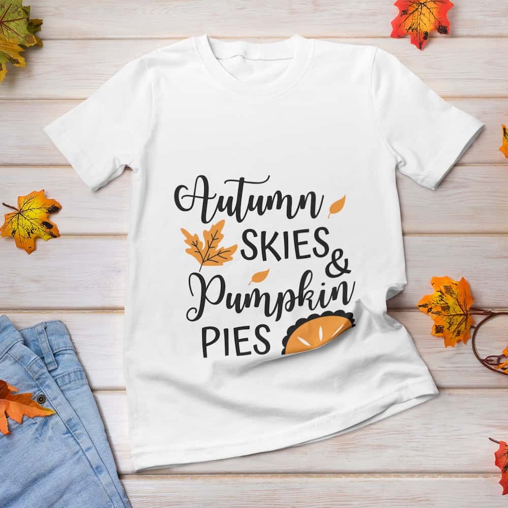 autumn skies and pumpkin pies svg design t-shirt for thanksgiving
