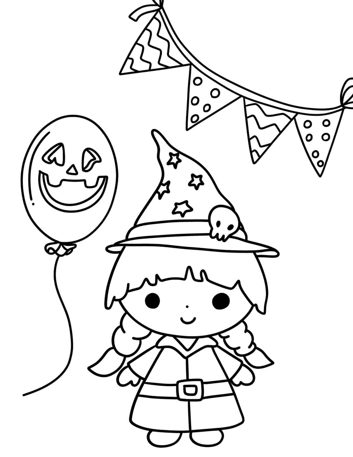 girl in witch costume with halloween balloon coloring page