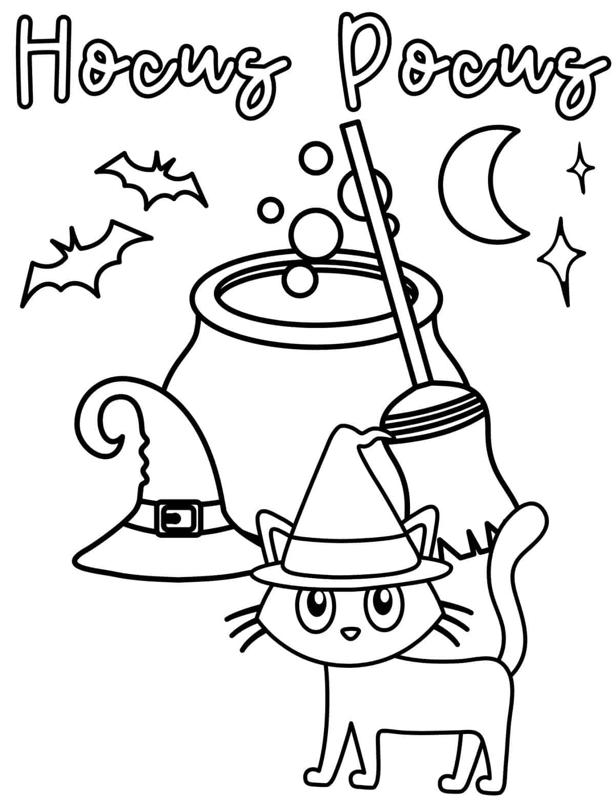 black cat next to a cauldron and witch hat coloring page