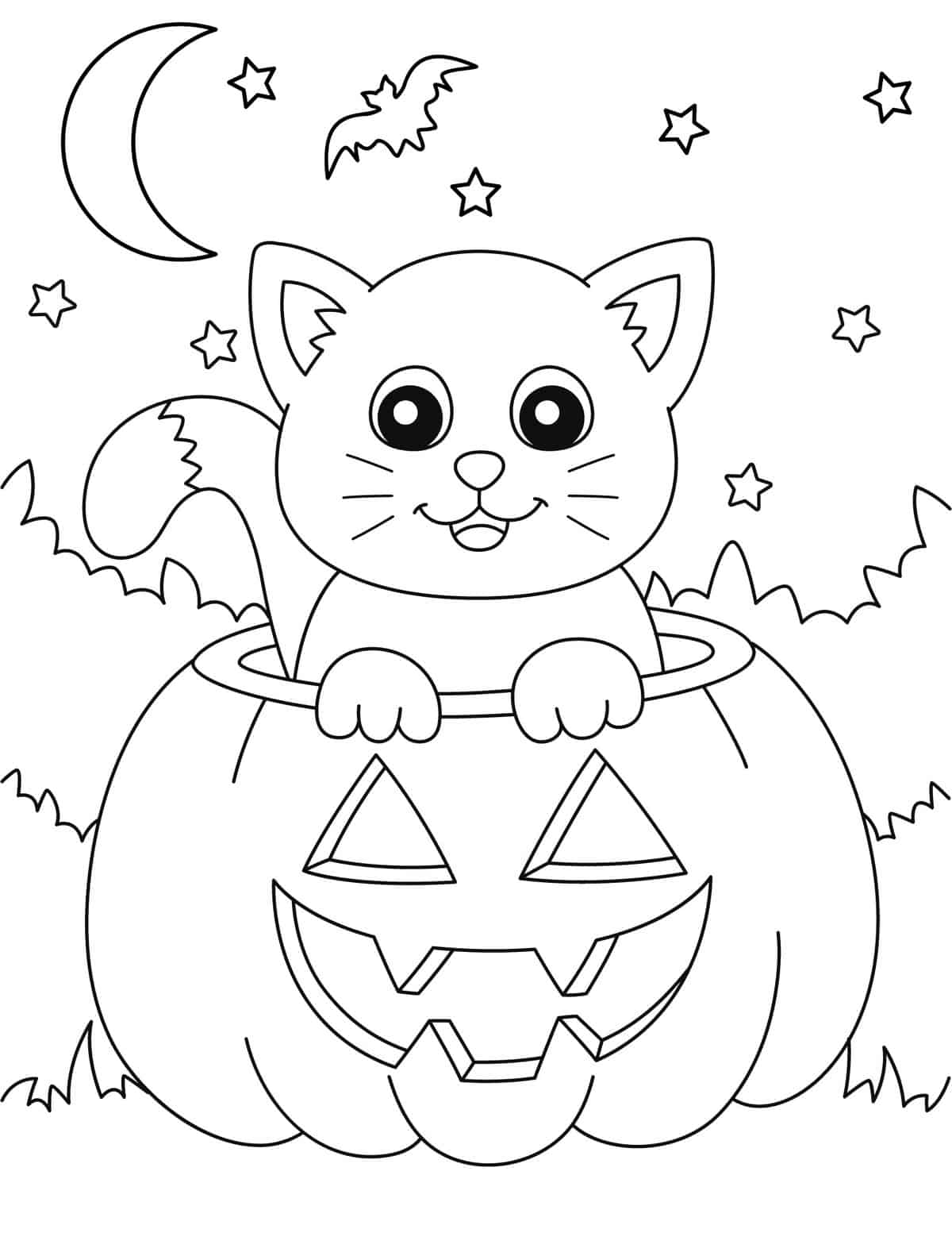 Coloring page of cute cat in jack o lantern for halloween
