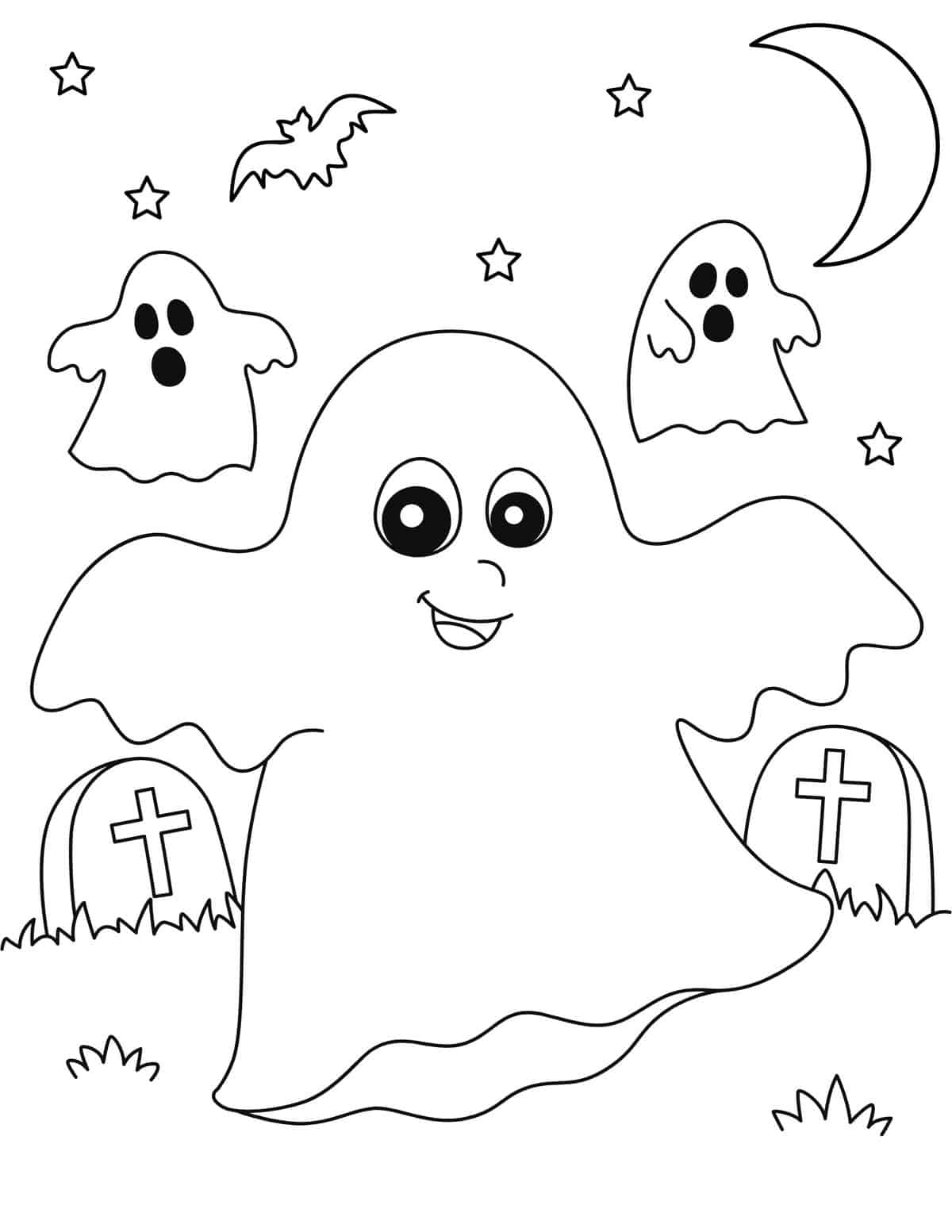 ghosts in graveyard halloween coloring page