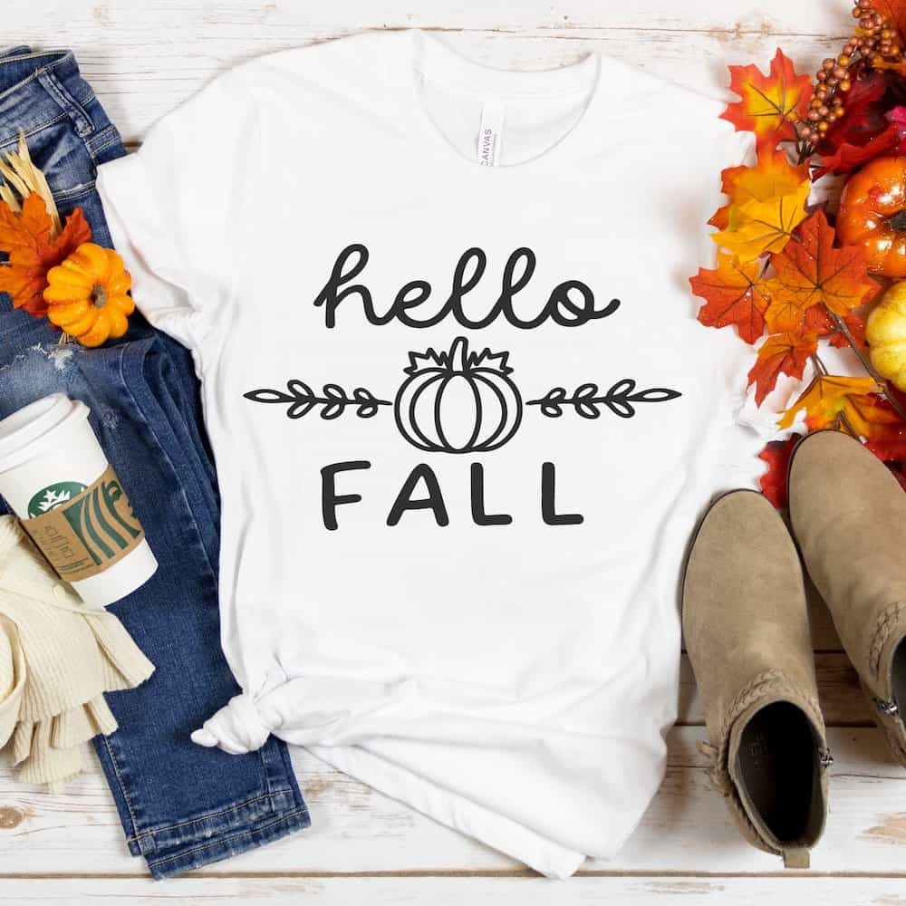 hello fall with pumpkin divider on a shirt with a fall outfit