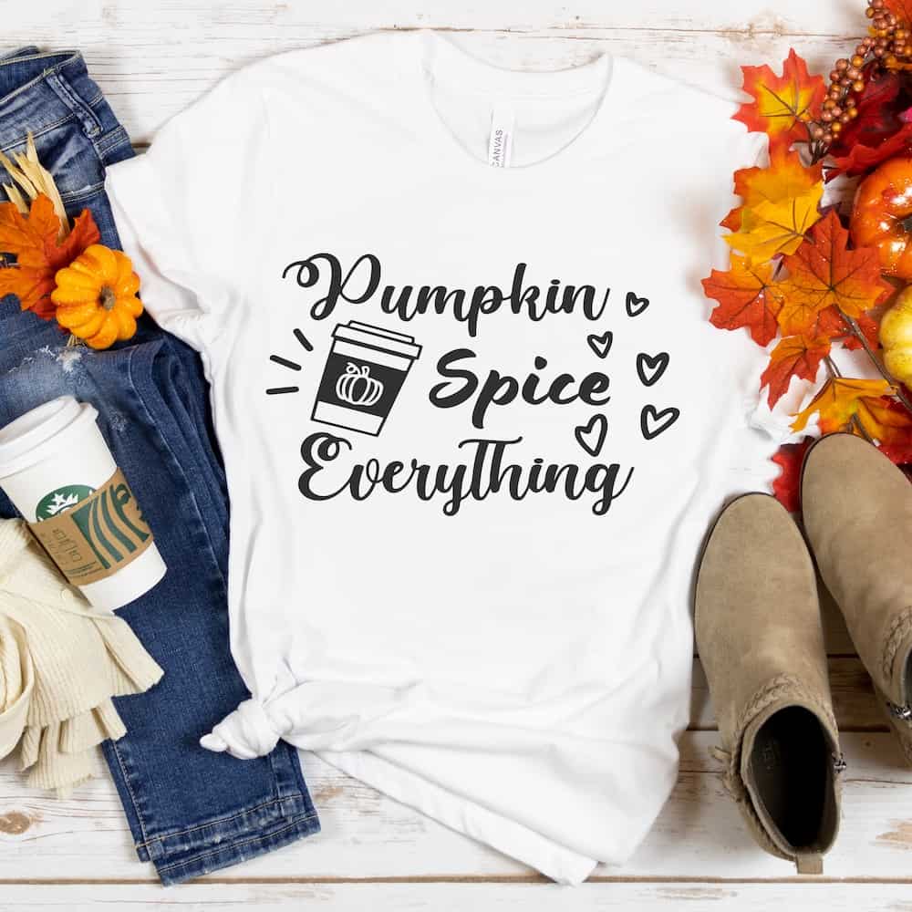 pumpkin spice everything t-shirt with coffee cup design with a fall outfit