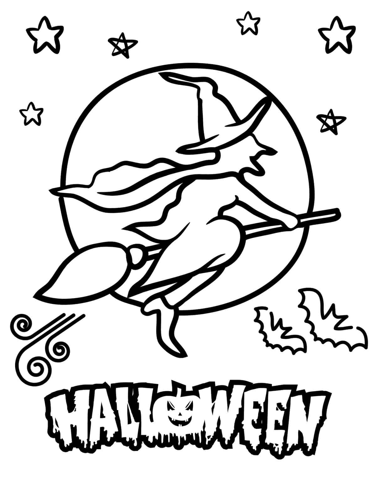 witch flying across moon coloring page