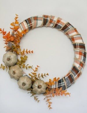 Ribbon Wreath with mini pumpkins and faux fall leaves