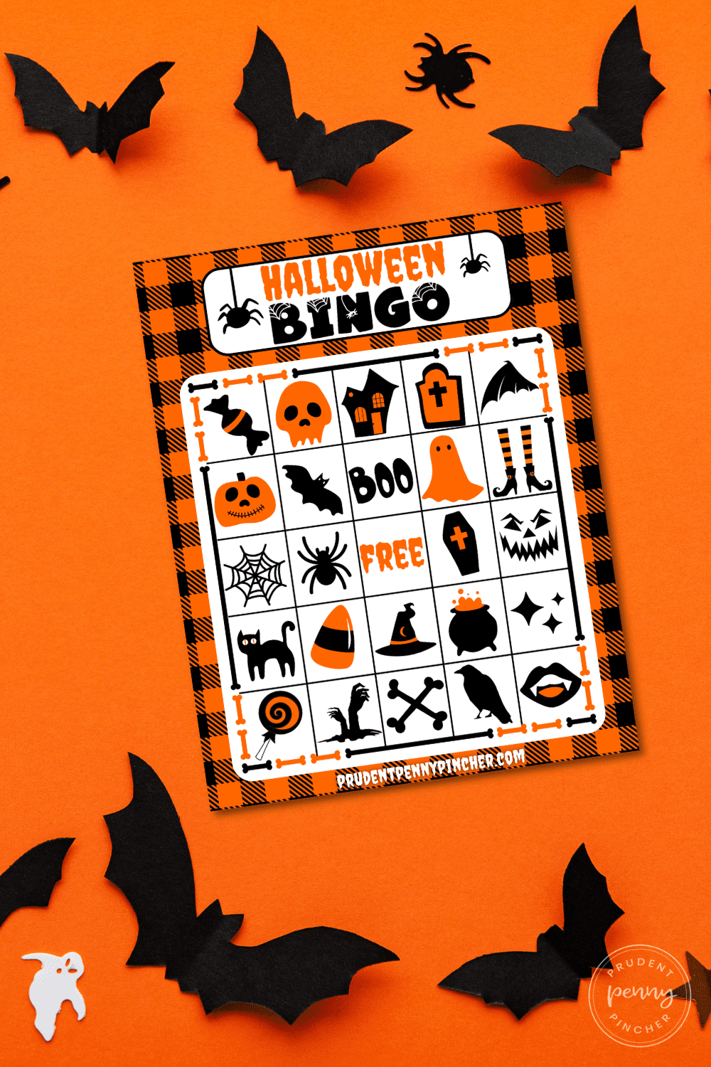 bingo sheet on orange background with paper bats