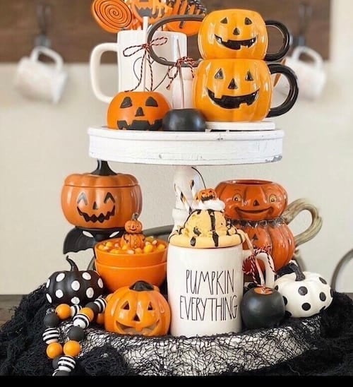 Rae Dunn and Vintage Pumpkins on tiered tray