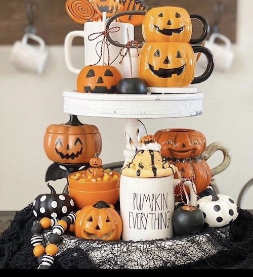 Rae Dunn and Vintage Pumpkins on tiered tray