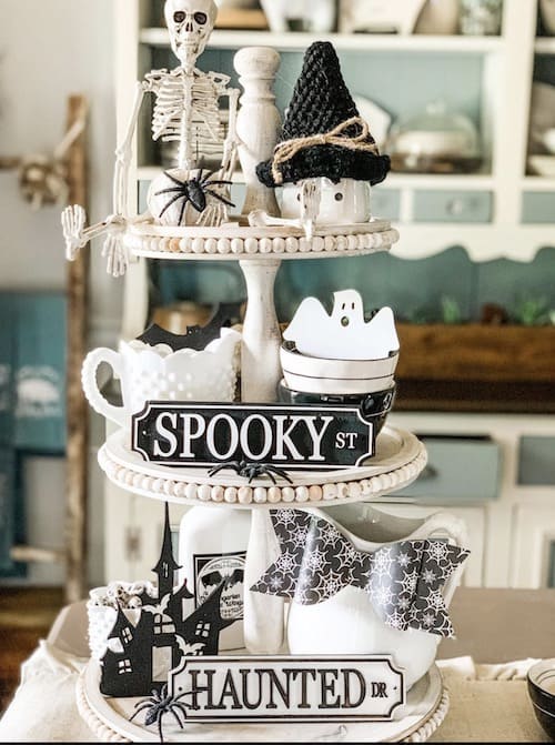 Black and White Spooky Decor for tiered tray