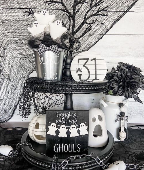 black and white Ghost Tiered Tray Decorations
