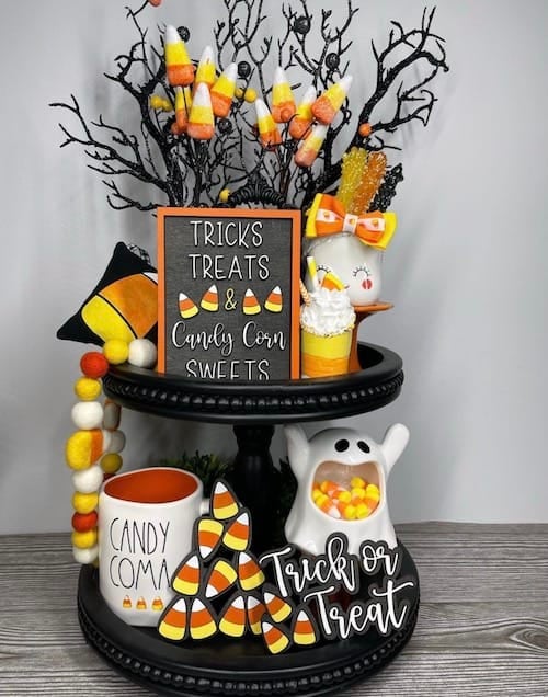 candy corn tiered tray for halloween