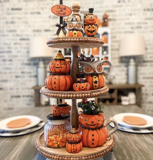 Vintage Pumpkin Decor on a tiered tray