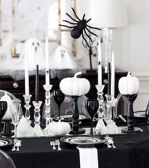 black and white halloween table decor