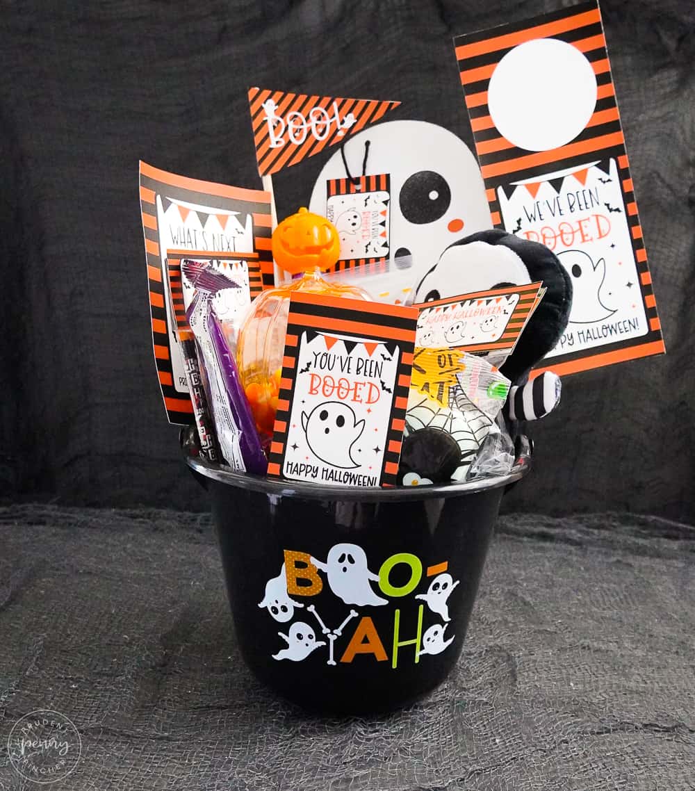 boo basket with halloween goodies and printables