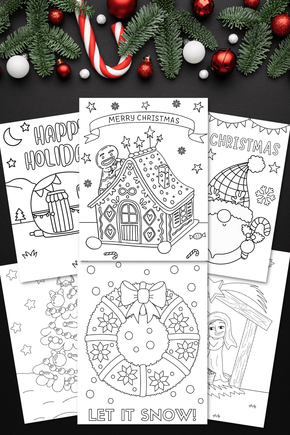 an assortment of different christmas coloring pages on a black background with a christmas border