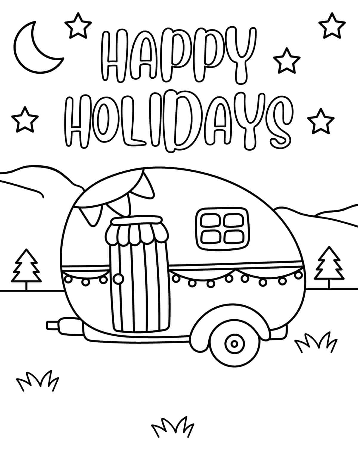Happy holidays vintage camper parked by mountains
