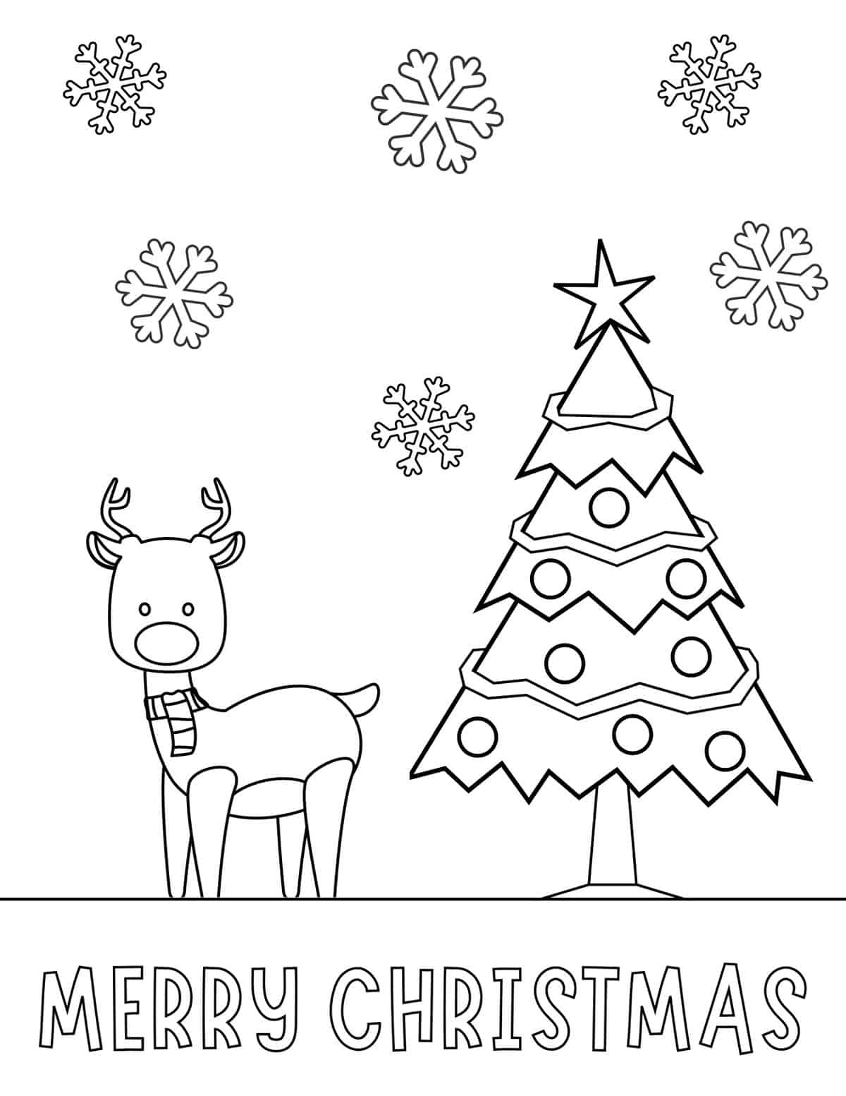 reindeer with christmas tree and snowflakes in the background coloring sheet