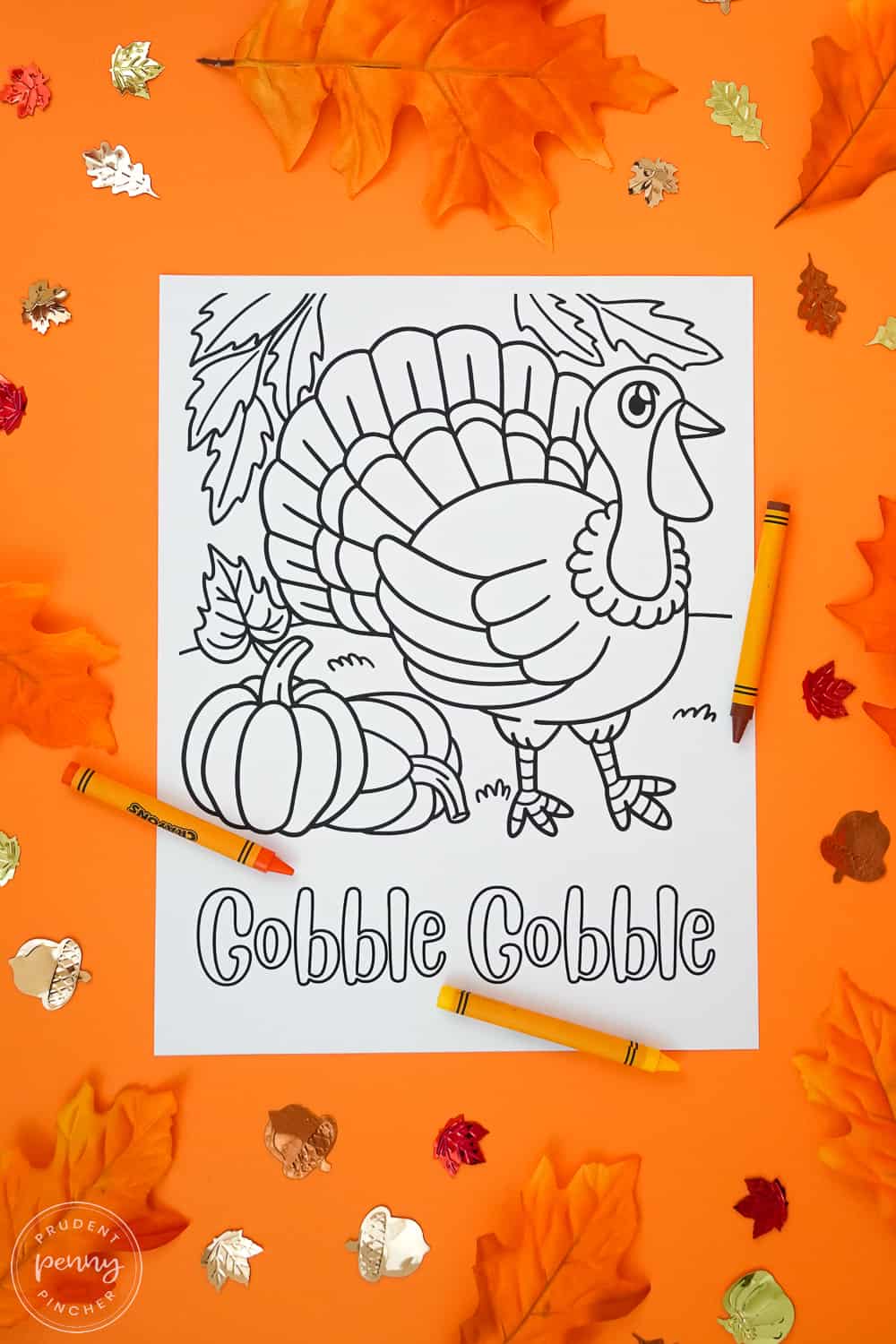 turkey, pumpkins and fall leaves with word gobble gobble on the bottom