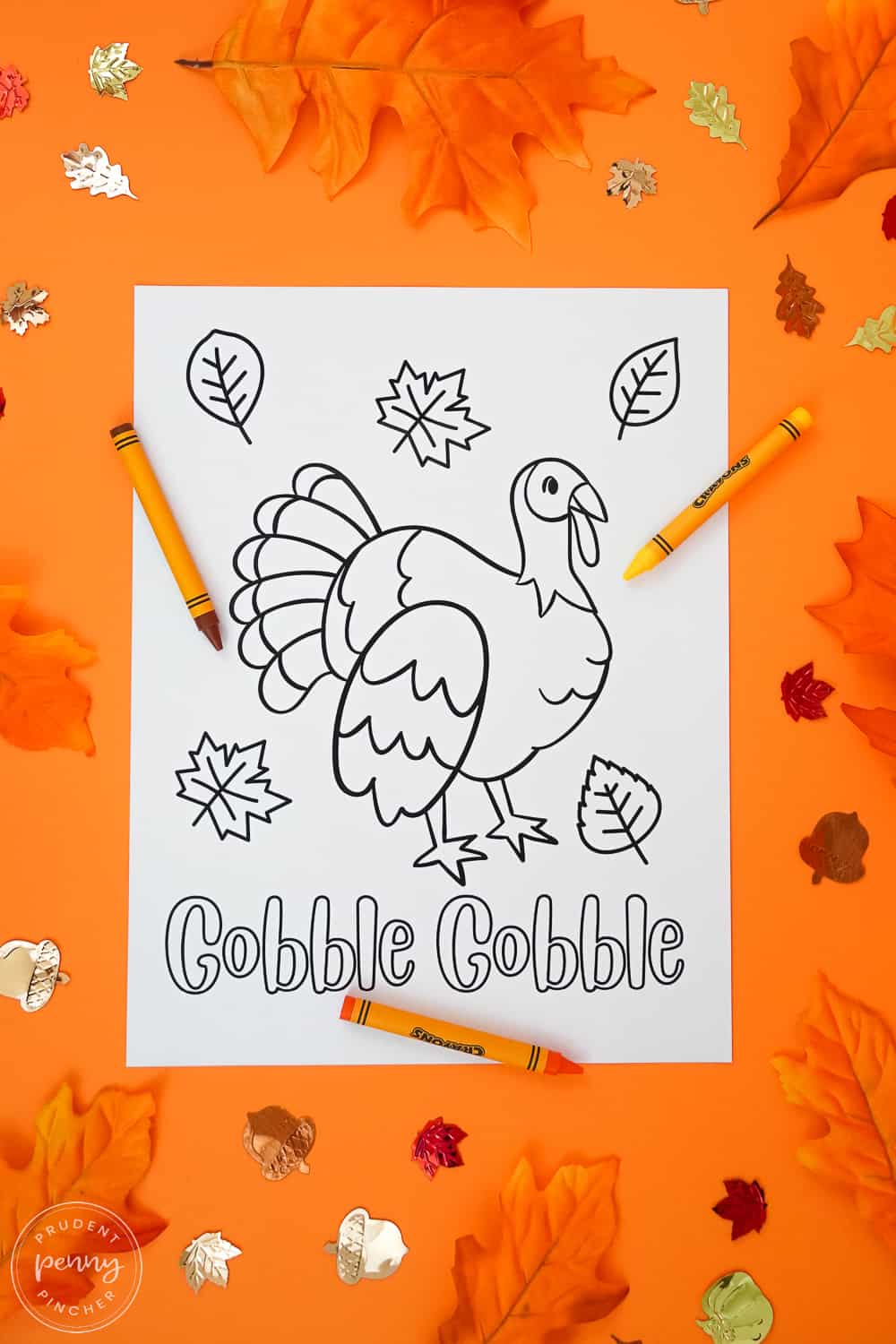 turkey and fall leaves with word gobble gobble on the bottom