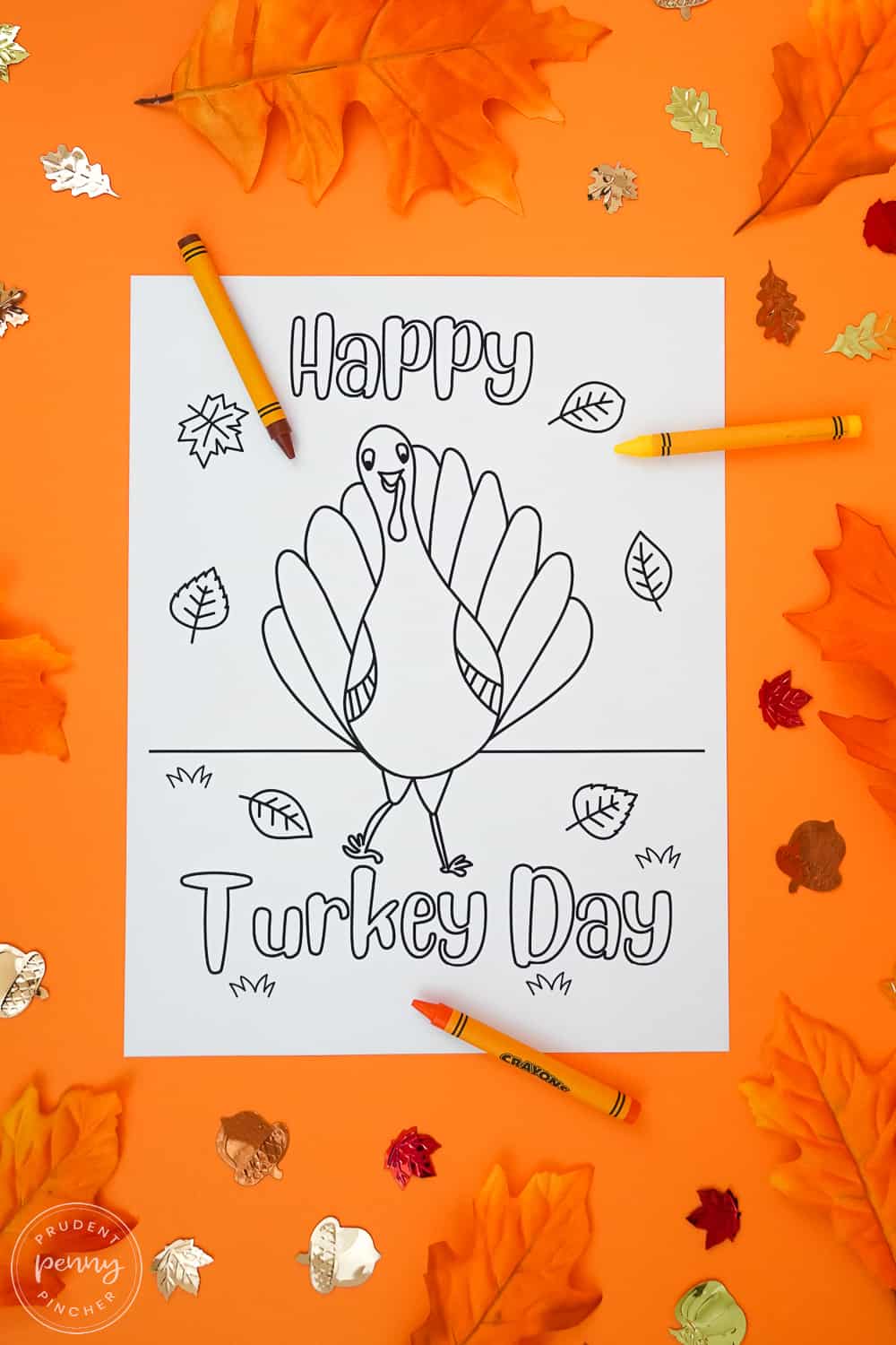 turkey with fall leaves and words that say happy turkey day