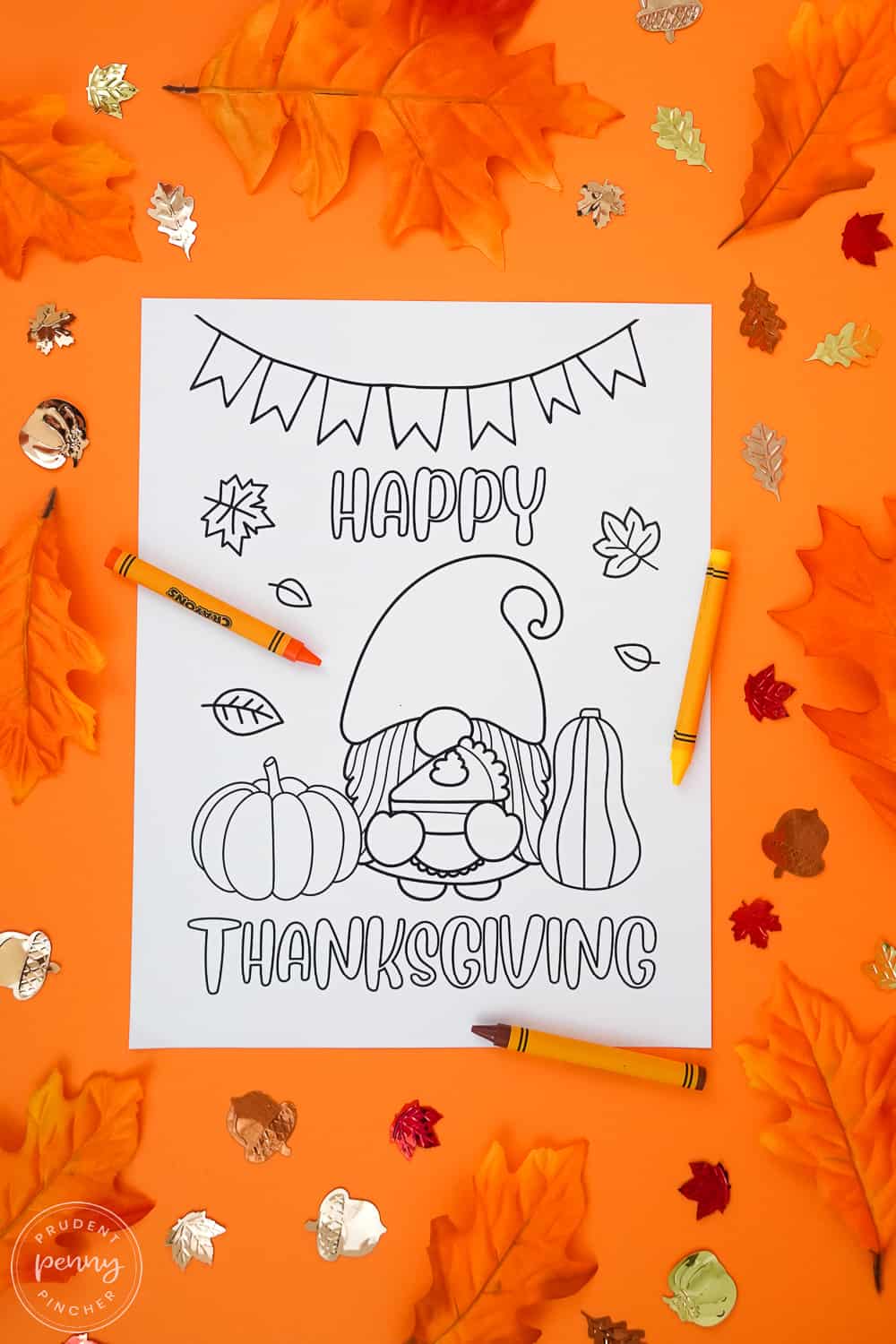 happy thanksgiving gnome with banner holding a pumpkin pie coloring page