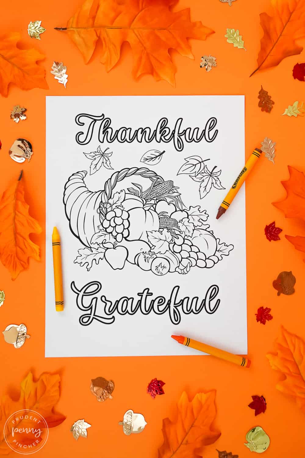 Coloring page of thankful and thankful words with a cornucopia for thanksgiving