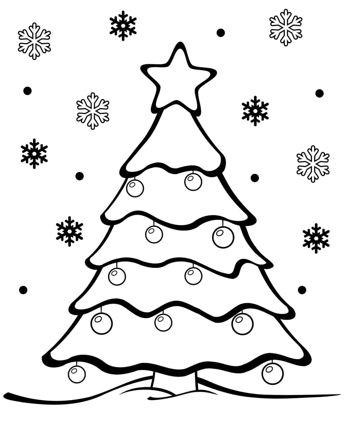 christmas tree coloring page with snowflakes in the background