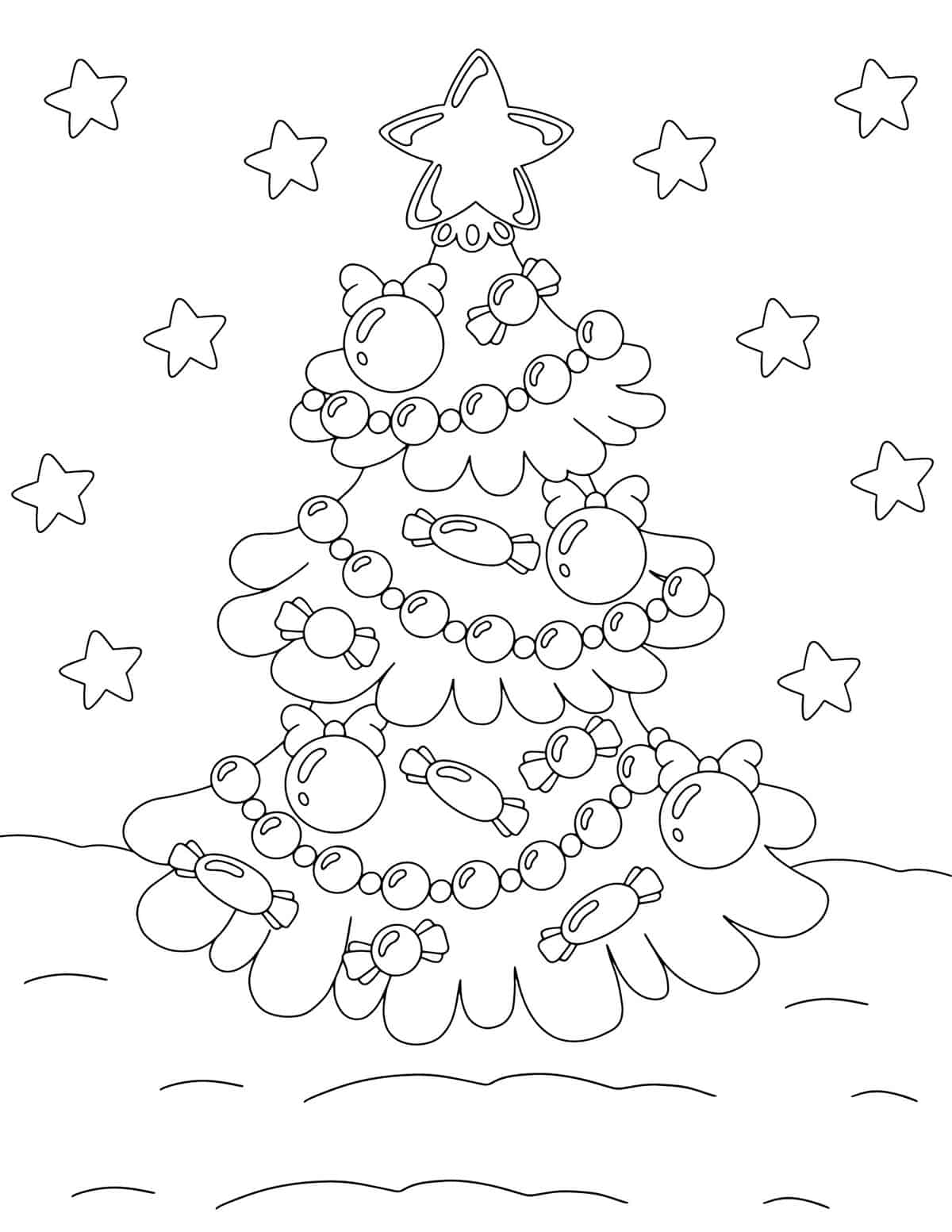 christmas tree in the snow with stars above coloring page
