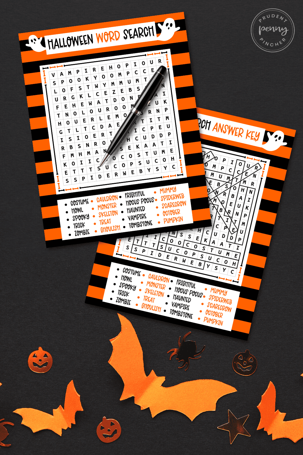 halloween word search printable with pen on top of pages
