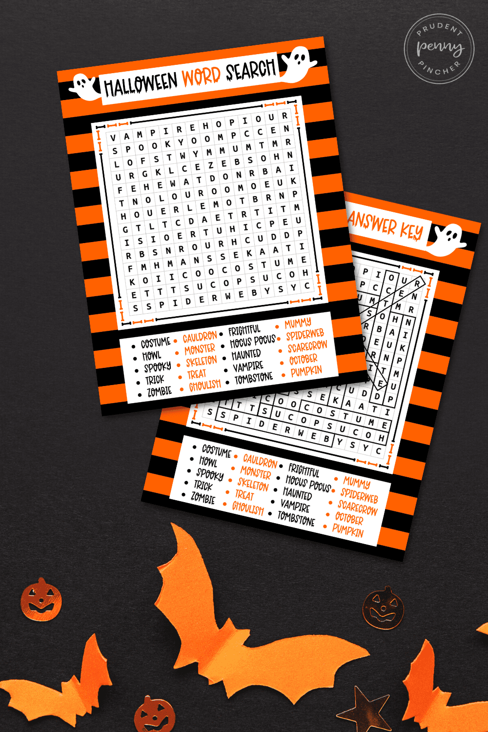 halloween word search printable and answer key on a black background with orange paper bats