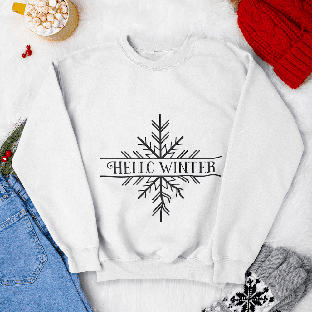 hello winter snowflake svg file on a hoodie