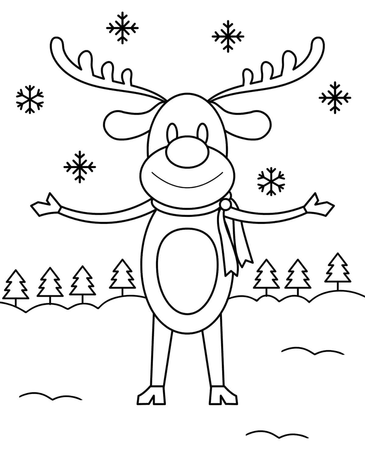 reindeer in the snow with pine trees and snowflakes in the background