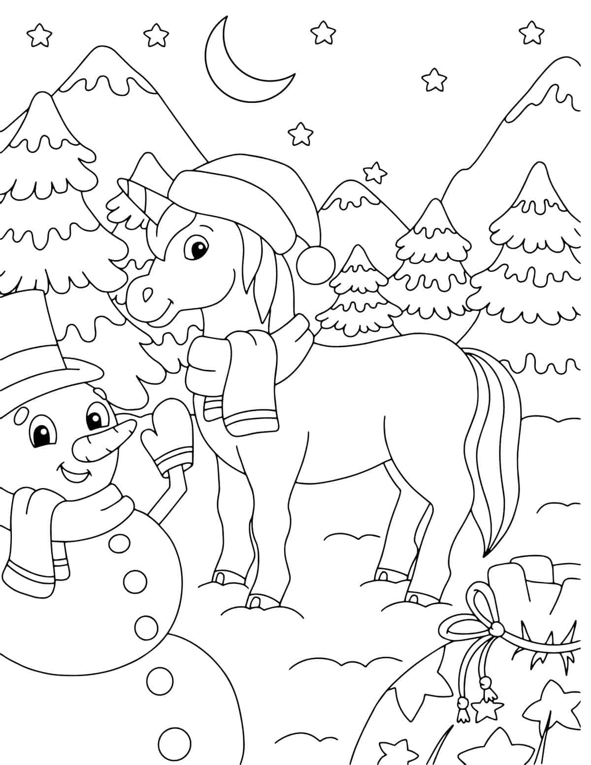 snowman and unicorn coloring page