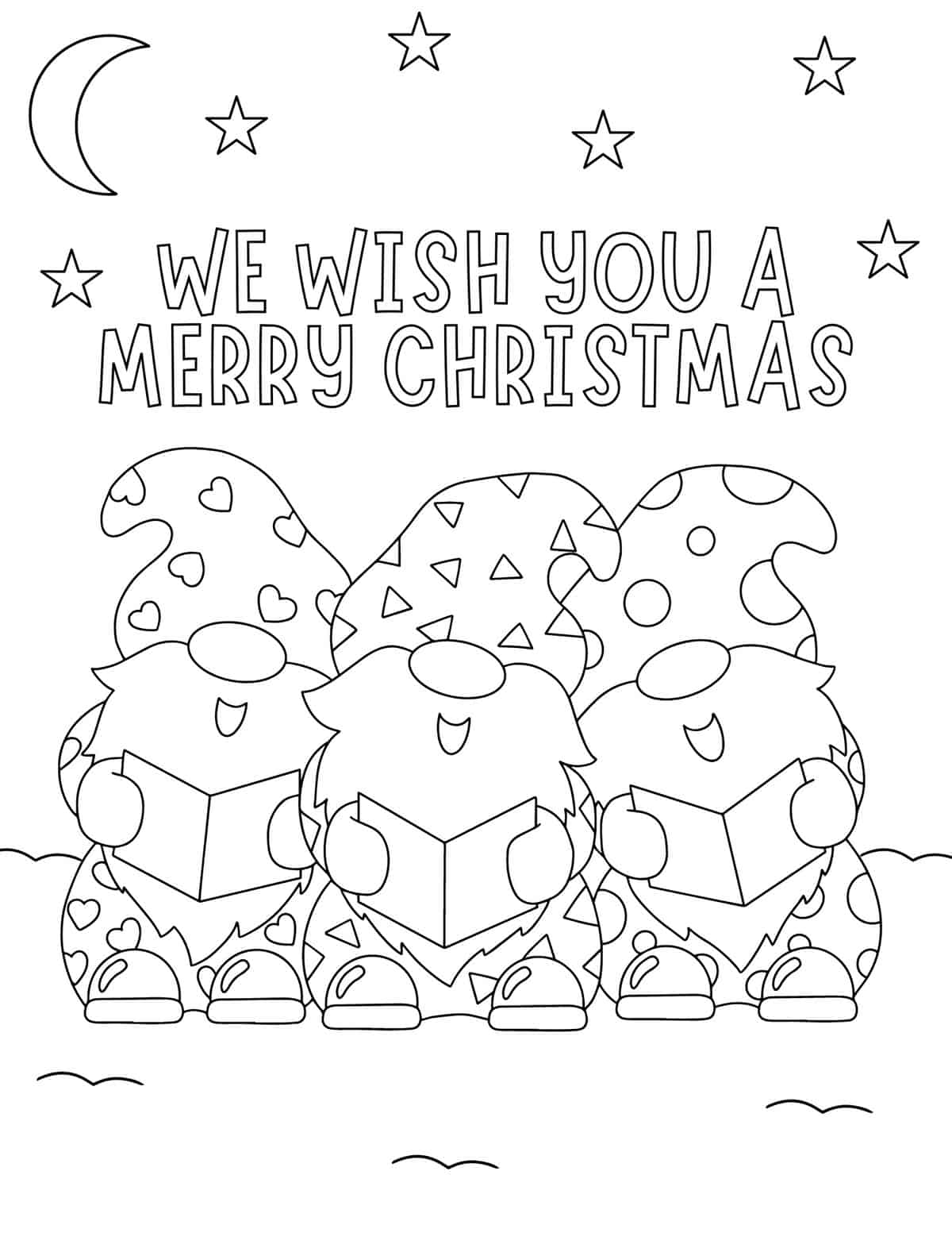 gnomes singing we wish you a Merry Christmas coloring sheet