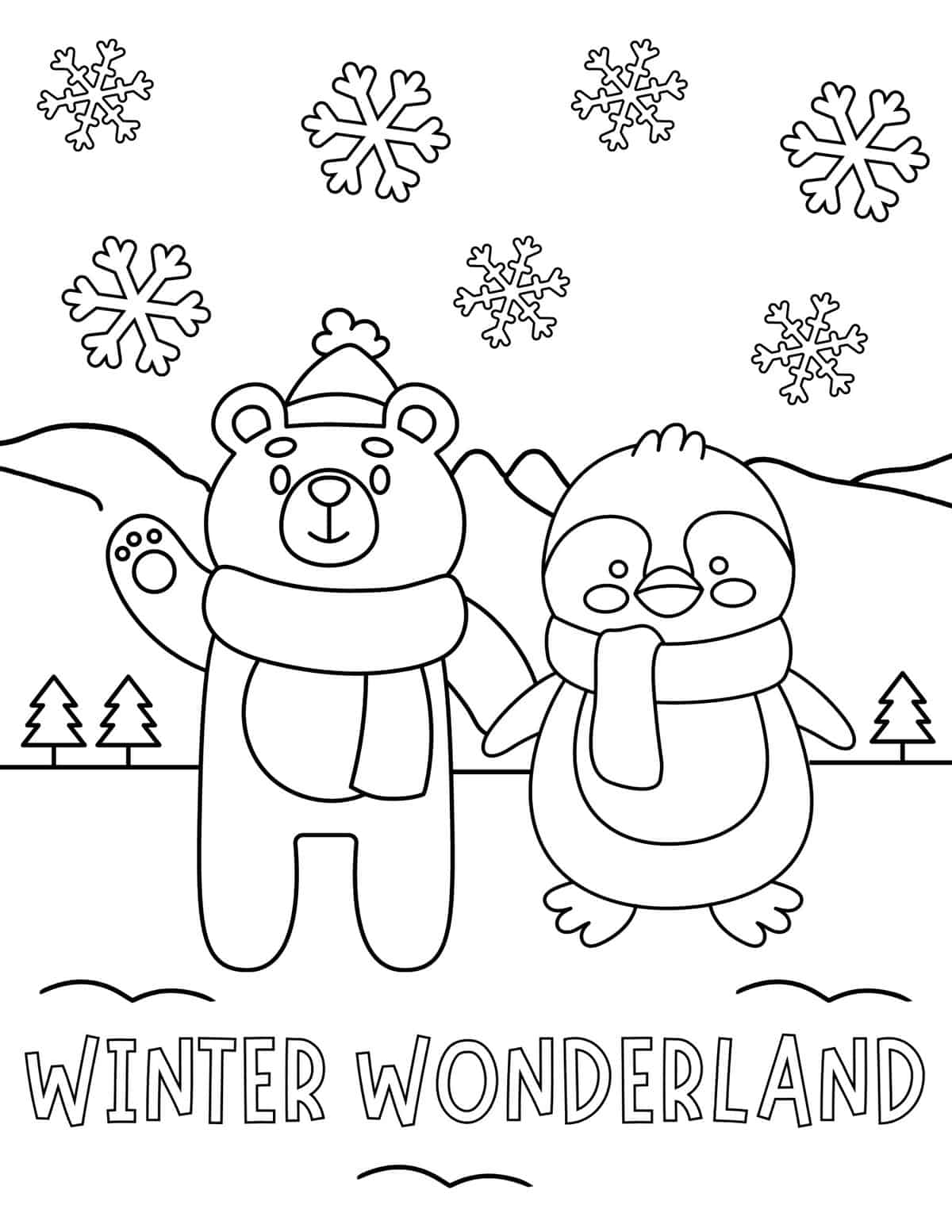 winter wonderland with a reindeer and penguin holding hands