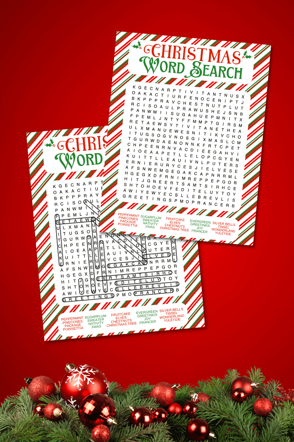 christmas word search and answer key on red background