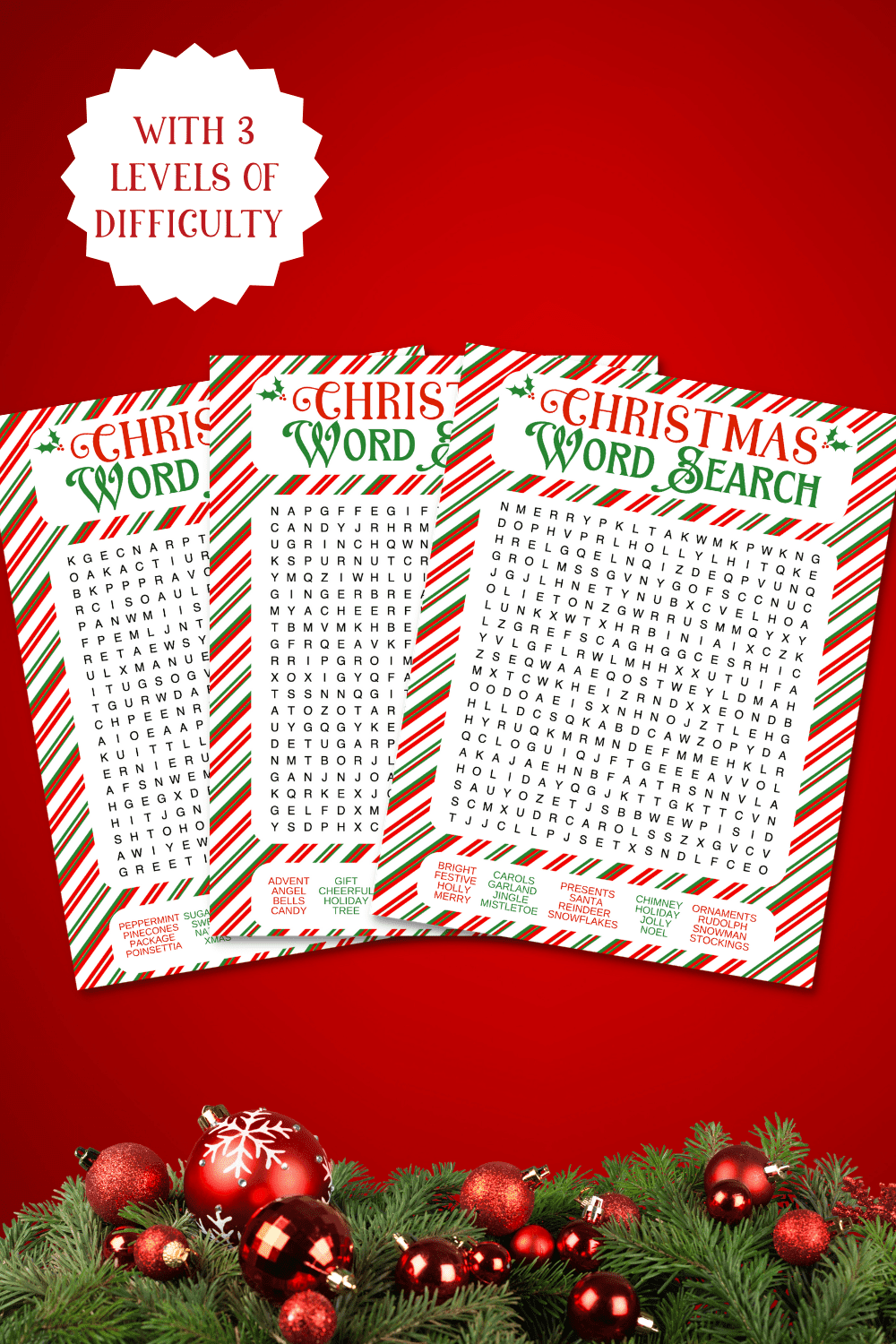 christmas word search printables on red background with garland