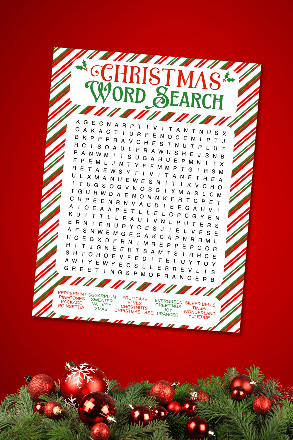 christmas word search on red background