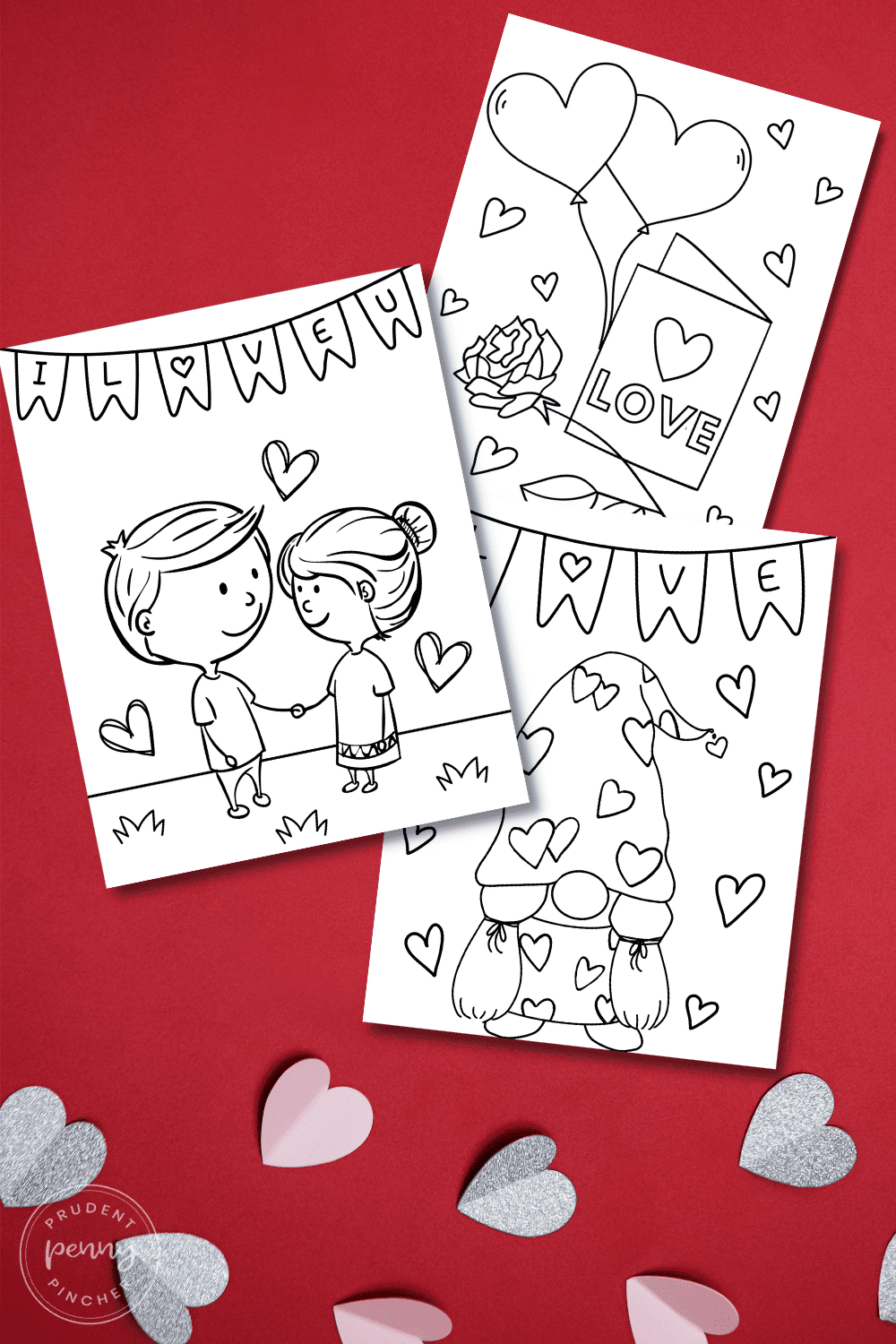 free Valentine's Day coloring pages for kids on a red background with paper hearts