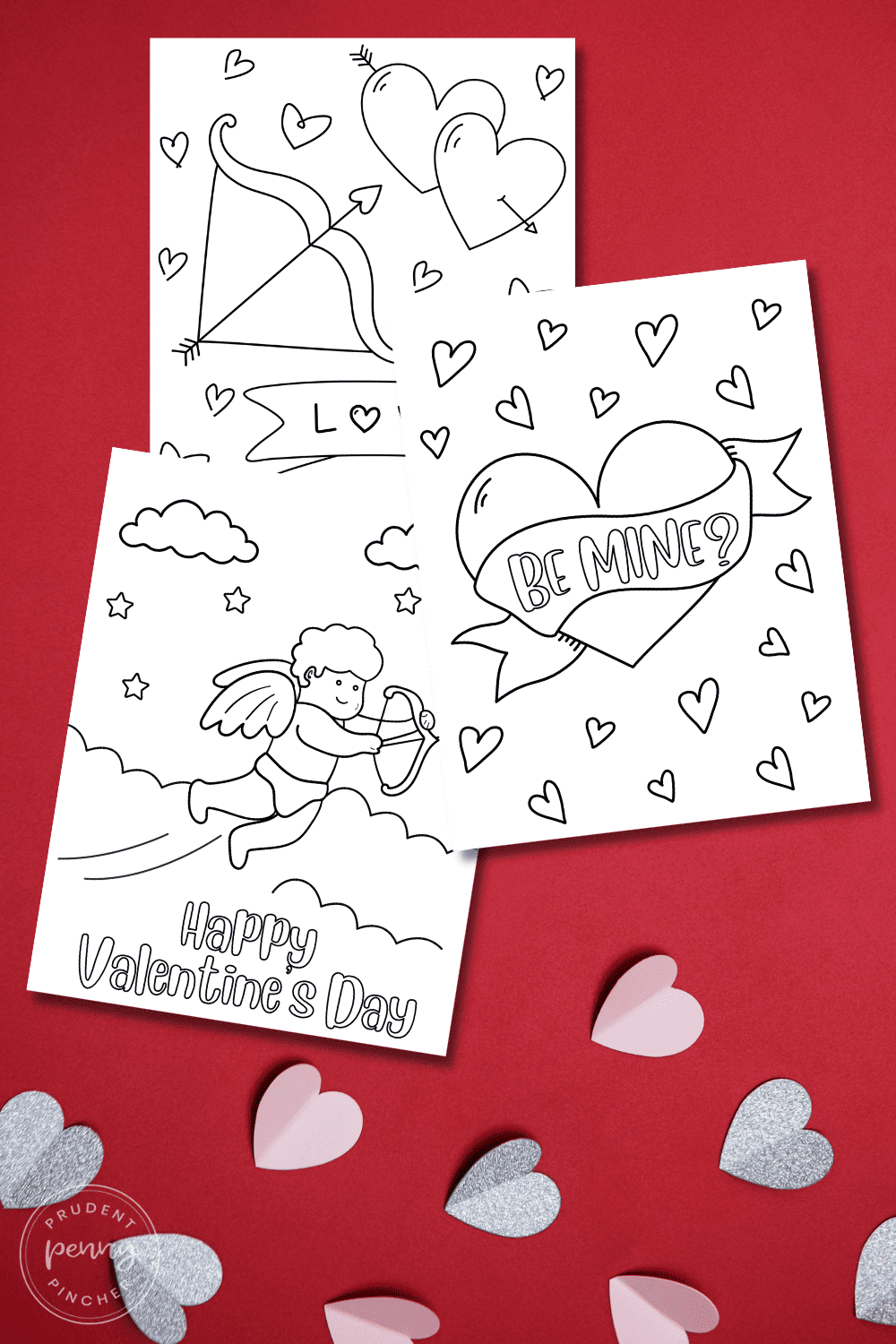 free Valentine's Day coloring pages for kids on a red background with paper hearts