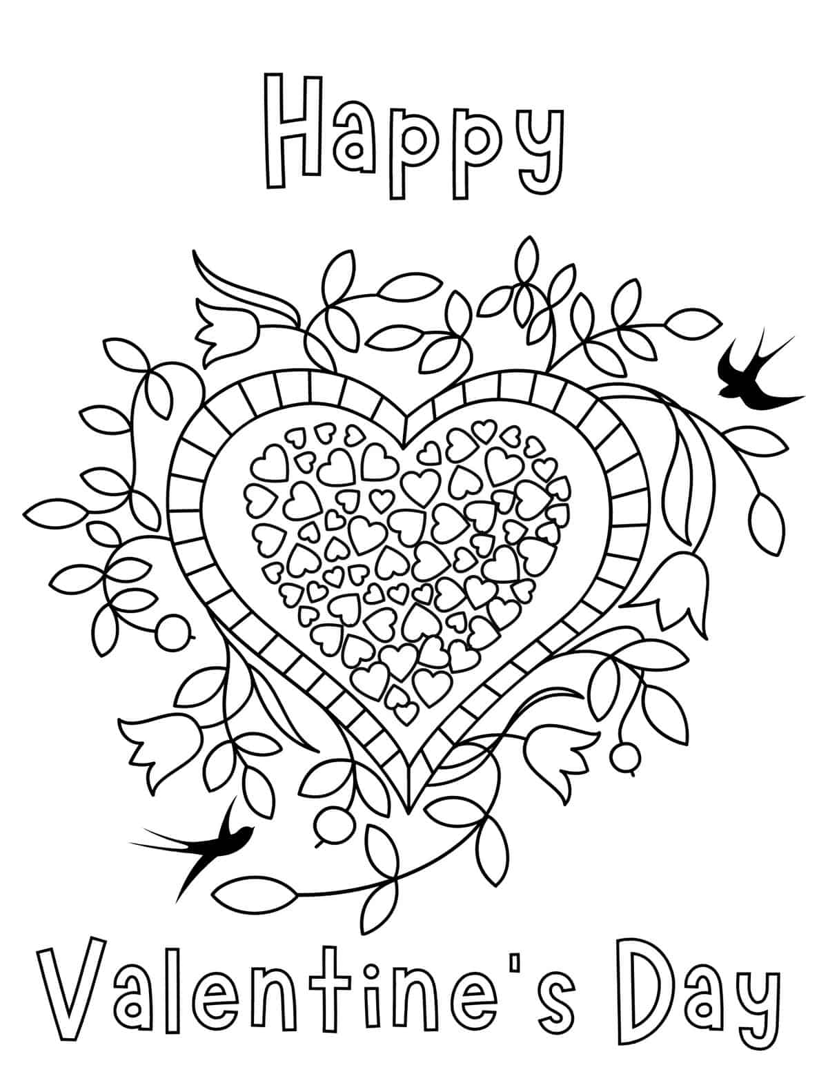 Valentine's Day coloring page with intricate heart design