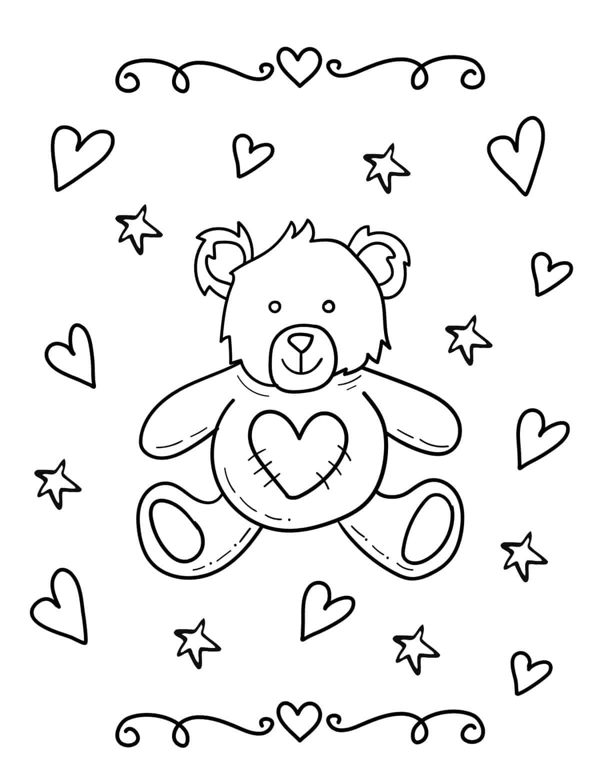 teddy bear surrounded by hearts and stars Valentine's Day coloring page