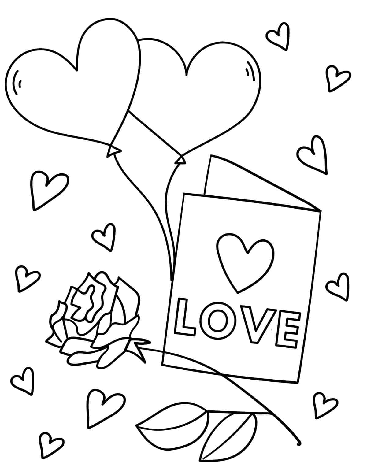 valentine card with flowers and balloons coloring sheet