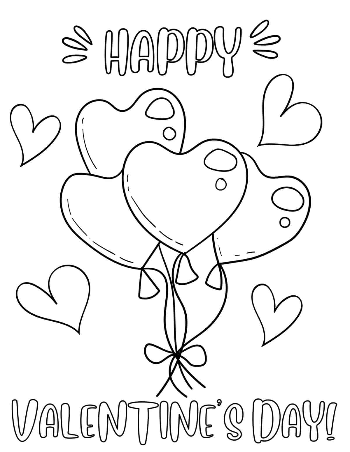 Valentine's Day coloring page with heart balloons