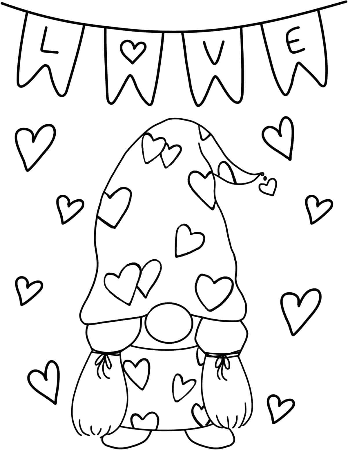 Valentine's Day gnome coloring page
