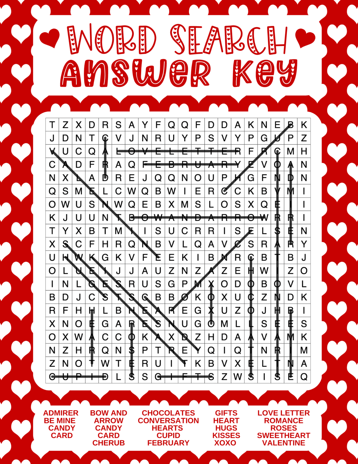 Valentine's Day word search answer key