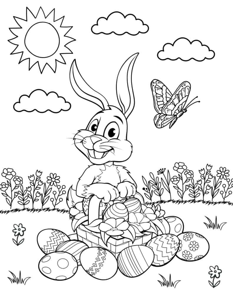 bunny in a spring field holding an easter basket